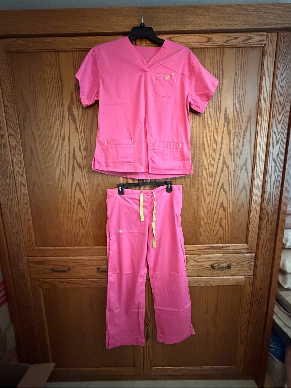 Med Couture Bright Pink Scrub Set with Yellow Drawstring